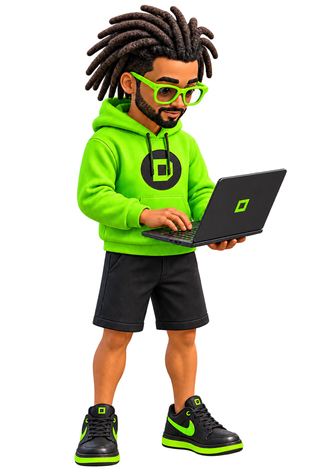 DigLab guide mascot using an open laptop